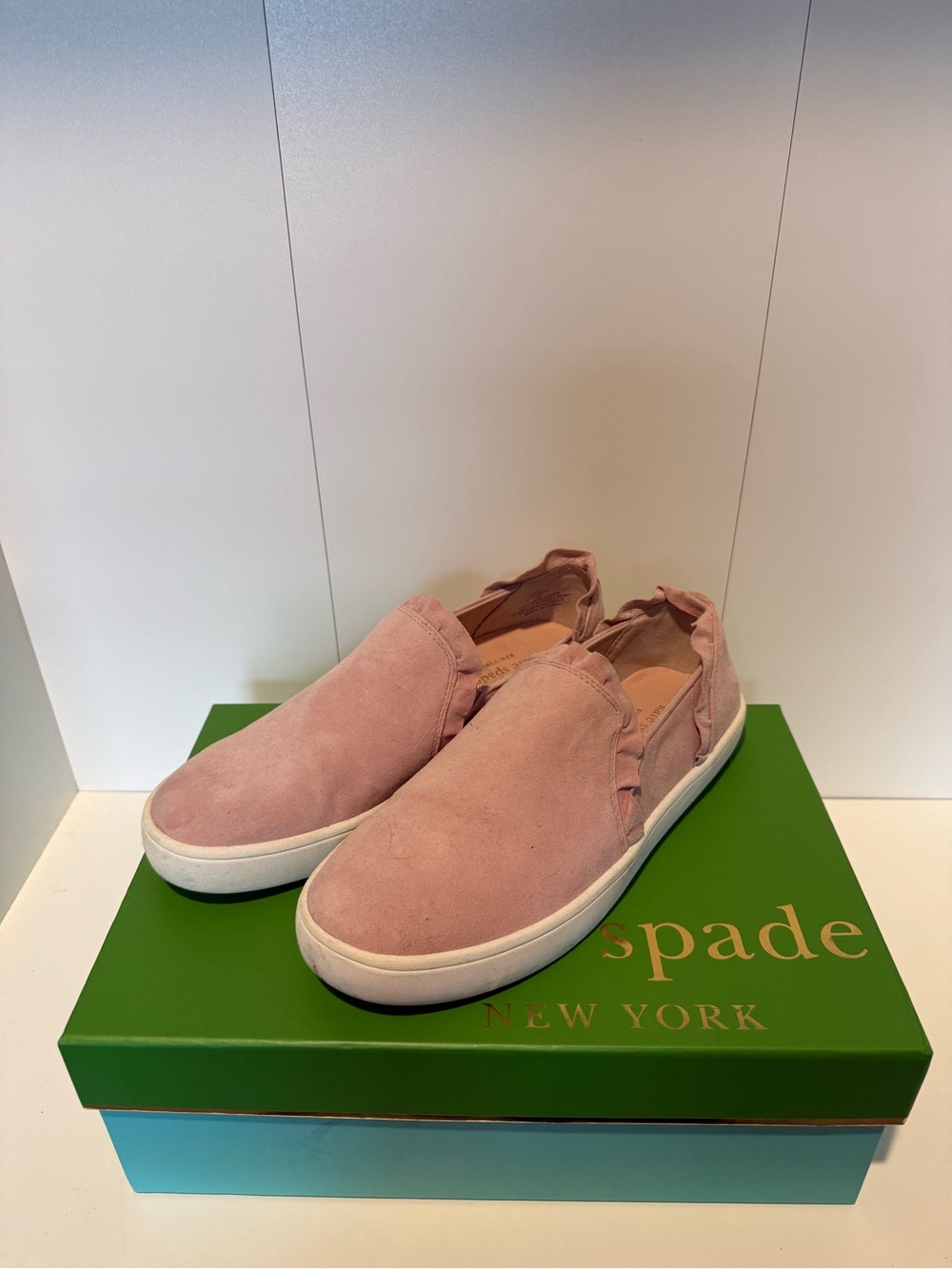 Kate Spade Pink Suede Slip-On Sneakers with Ruffle Trim